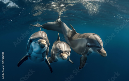 Dolphins family in the ocean. Generative AI © Nipawan