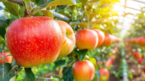 Organic apples growing on tree in greenhouse, healthy fruits concept with space for text placement photo