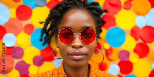 Stylish African American woman with cool shades against vibrant polka dot backdrop. Concept Fashion, African American, Stylish, Cool Shades, Polka Dot Backdrop