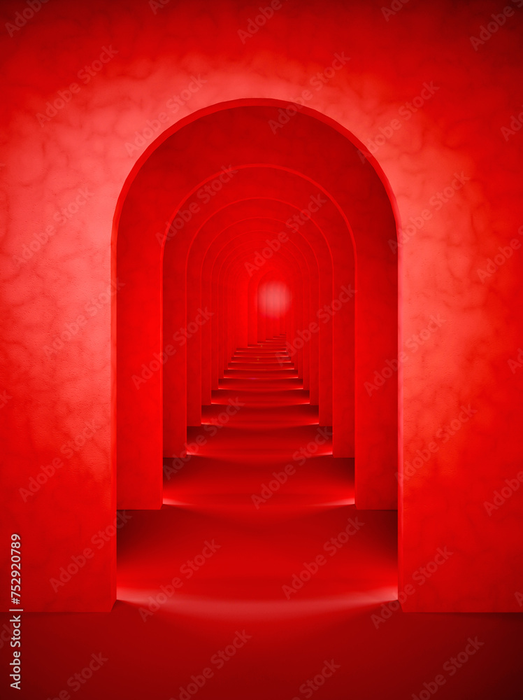 Red abstract surreal 3d render. Surrealistic arch corridor red background.