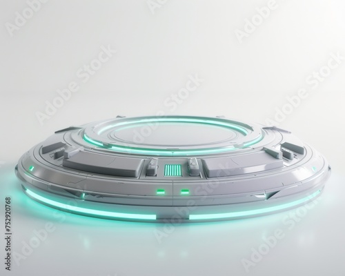 retrofuturistic circular platform minimal white metal video game asset centered green halo with light particles fortnite style studio lighting white background