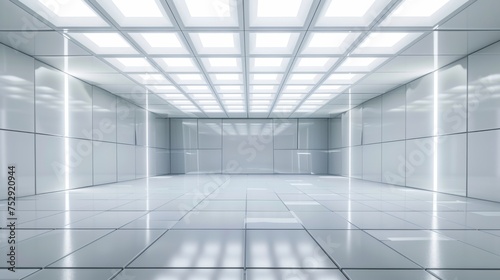 A futuristic interior design with recessed lighting and a white background featuring square panels uniformly covering the floor