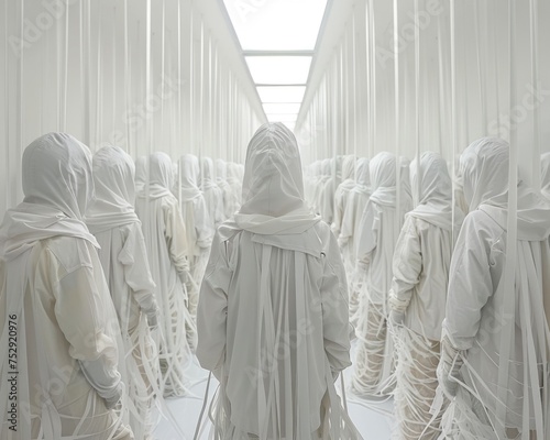 a many womans is wearing a jacket with white hood in the style of voluminous forms photo