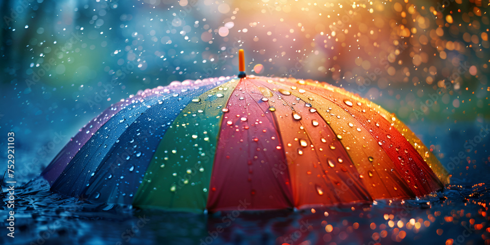 Autumn rainy weather background texture closeup of rainbow umbrella, Rain falling on a colorful umbrella with a rainbow pattern, 
