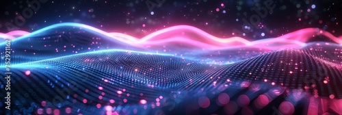 Vibrant digital wave landscape with particles. A high-quality 3D render of a dynamic digital wave landscape with illuminated particle dots creating a cosmic atmosphere.