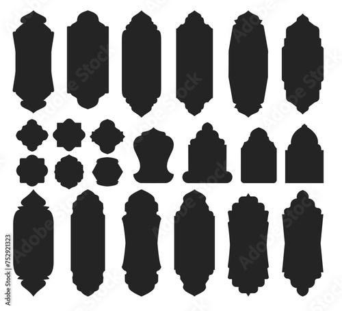 Islamic badge decoration, black silhouette border frame, decorative vector illustration of mosque door motif,Arabic ornament for Ramadan theme design