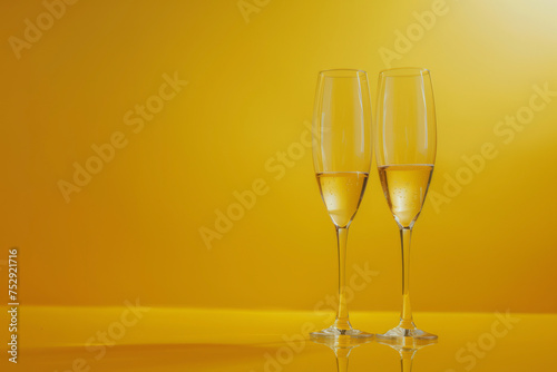 Champagne flutes on yellow background