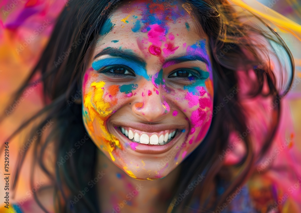 Portrait Of Indian Woman With Colored Face Dancing During Holi