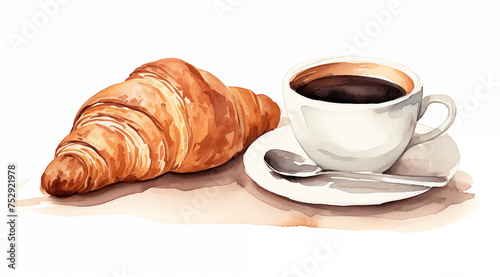 Croissant and coffee watercolor illustration - sketch aquarelle drawing