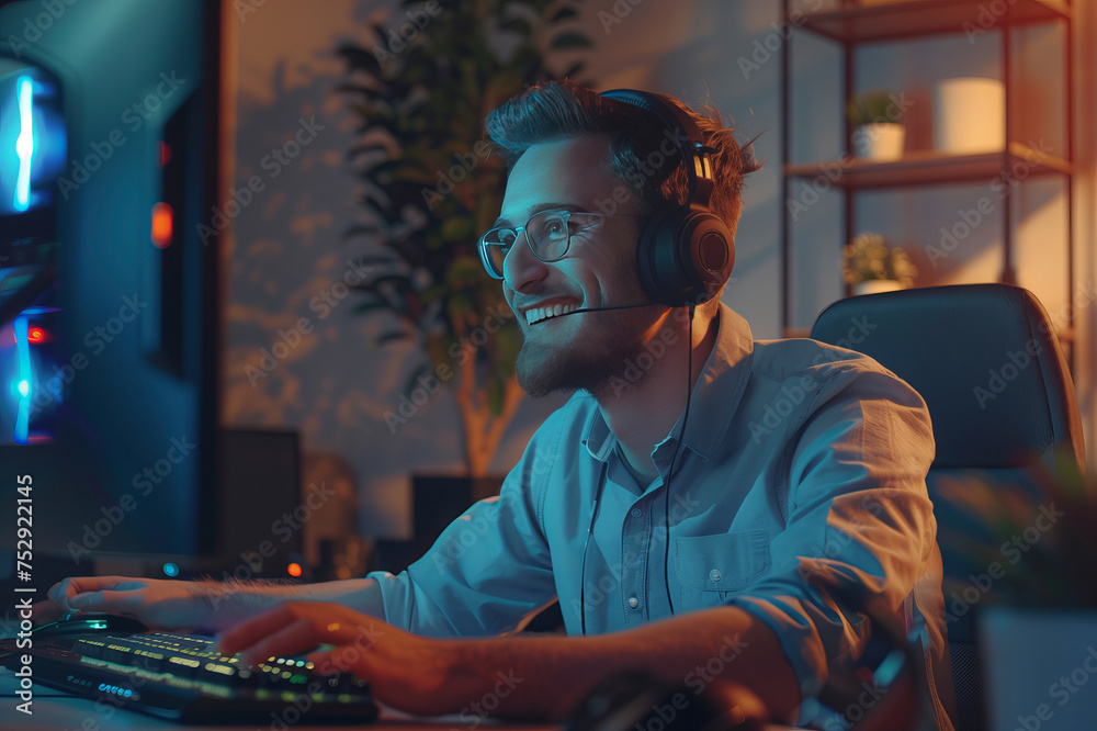 Young smiling man using a headset and computer in a modern office