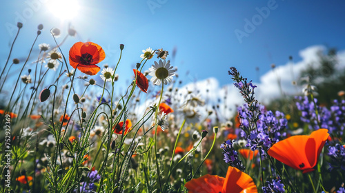 A sunlit field of wildflowers, featuring a mix of daisies, poppies, and lavender in vivid 4K HDR. The image captures the natural beauty and vibrant colors of the flowers under a clear blue sky.