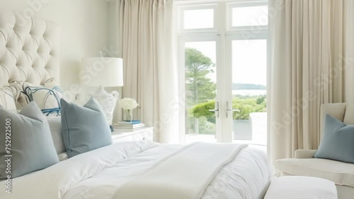 White coastal cottage bedroom decor, interior design and home decor, bed with elegant bedding and bespoke furniture, English country house and holiday rental photo
