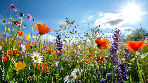 A sunlit field of wildflowers, featuring a mix of daisies, poppies, and lavender in vivid 4K HDR. The image captures the natural beauty and vibrant colors of the flowers under a clear blue sky.