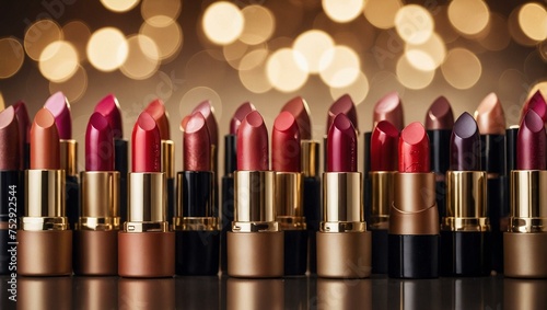 An exquisite set of red to purple lipstick hues in a row before a gleaming golden bokeh background evoking a luxe vibe