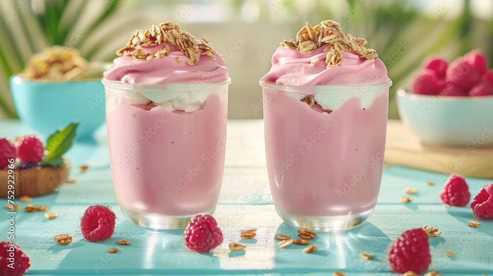 Granola and berries in jars with yogurt on bright wooden table, copy space for text placement Granola and berries in jars with yogurt on bright wooden table, copy space for text placement