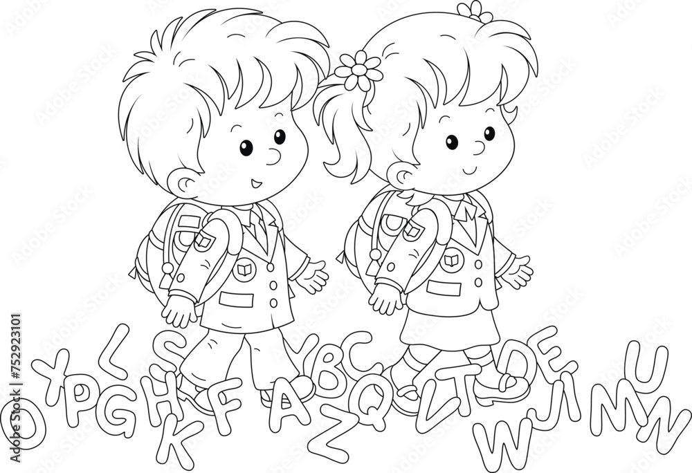 Happy little schoolchildren and funny letters going to school for start of classes, black and white outline vector illustration for a coloring book