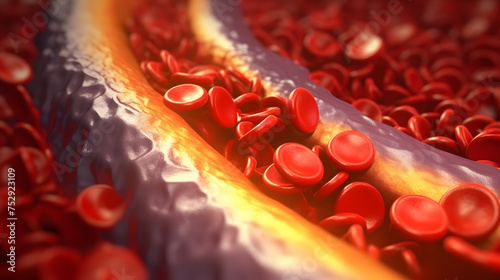 Abstract section of the structure of blood vessels with red blood cells, the wall of the arterial vein is covered with fat - cholesterol plaques obstruct the blood flow, stroke infraction. photo