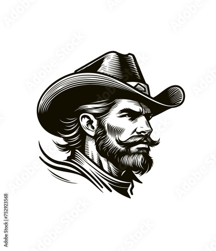 Cowboy's portrait engraved isolated vector illustration