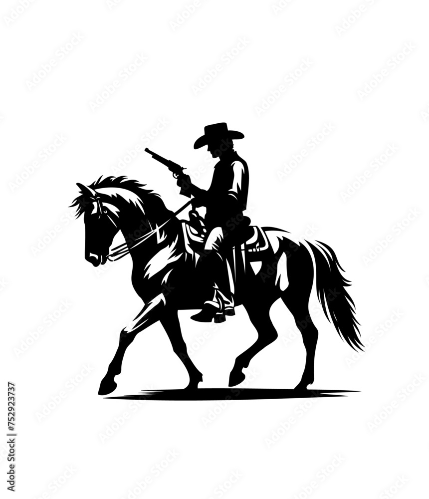 Obraz premium Cowboy on riding horse. Wild west isolated vector illustration.