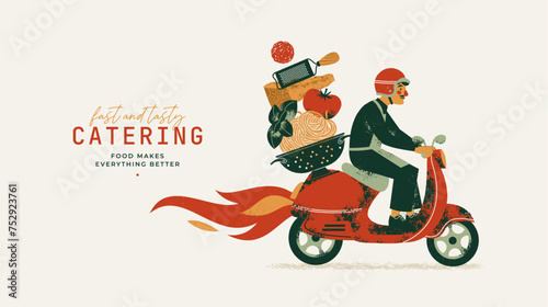 Food delivery. Man delivering pizza on a scooter. Retro style illustration. Vector illustration
