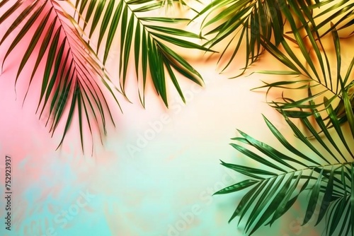 Summer tropical palm leaves flat lay background with a blank space, stylized image. generative ai.