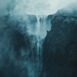 a waterfall with a low cloud over it, in the style of ethereal and otherworldly atmosphere