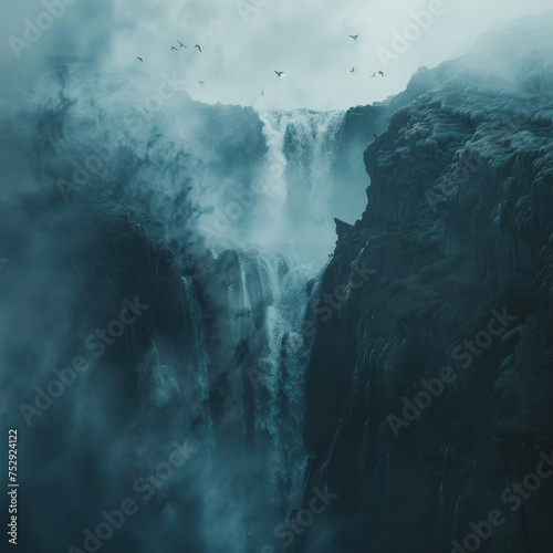 a waterfall with a low cloud over it, in the style of ethereal and otherworldly atmosphere © somruethai