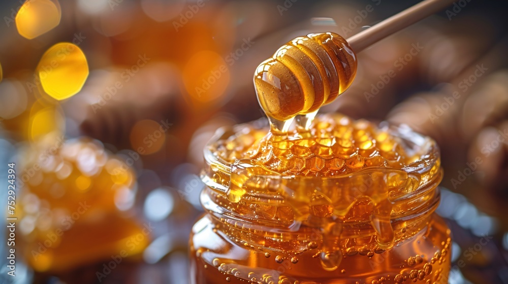 a honey dipper dripping from a honey jar - obrazy, fototapety, plakaty 