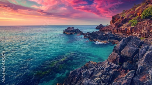 An amazing scene of nature in Australia, where rugged cliffs meet the turquoise waters of the Great Barrier Reef
