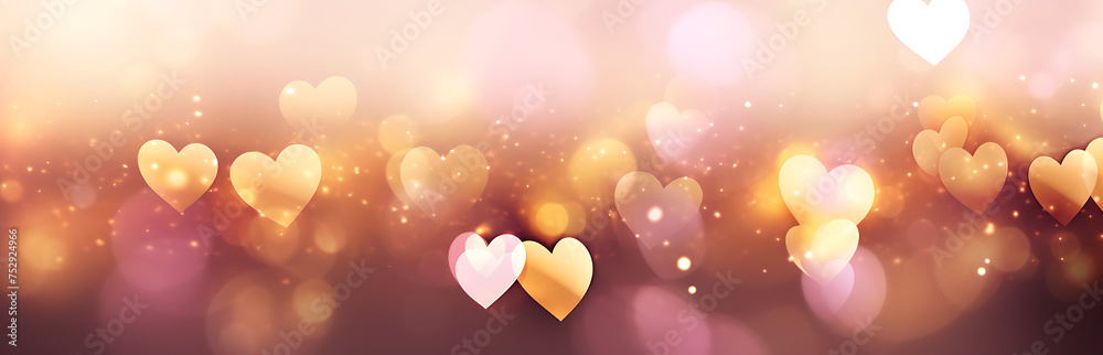 Abstract hearts in pink yellow gold color bokeh, banner AI Generated