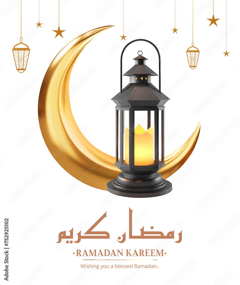 Ramadan kareem with 3d rendering Ramadan lantern and golden crescent moon Isolated On Transparent Background, PNG File Add