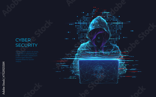 Girl hacker in a hoodie using a laptop. Abstract digital polygonal hack woman in blue on technology dark background. Cybersecurity or cyber attack concept. Computer scam. Low poly vector illustration  (ID: 752925584)