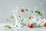 splash of milk and vegetables floating on white background