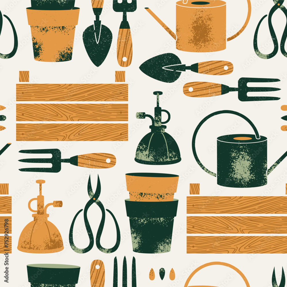 Garden tools seamless pattern. Retro style garden illustration. Vector illustration - obrazy, fototapety, plakaty 