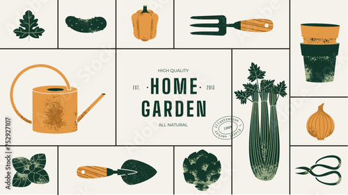 Garden horizontal design template. Fresh herbs and vegetables. Garden tools collection. Vector illustration