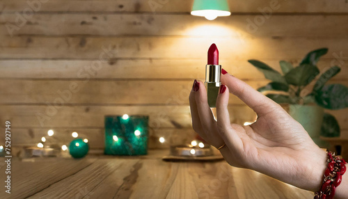 elegant woman holds lipstick to paint her lips