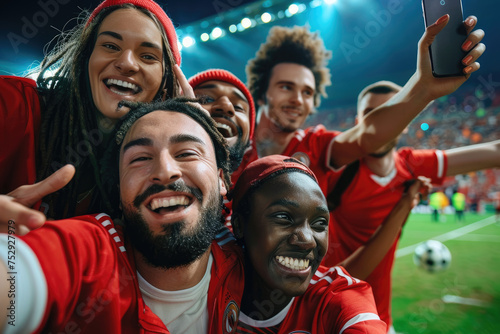 Group of happy sports fans taking selfie while going on soccer match