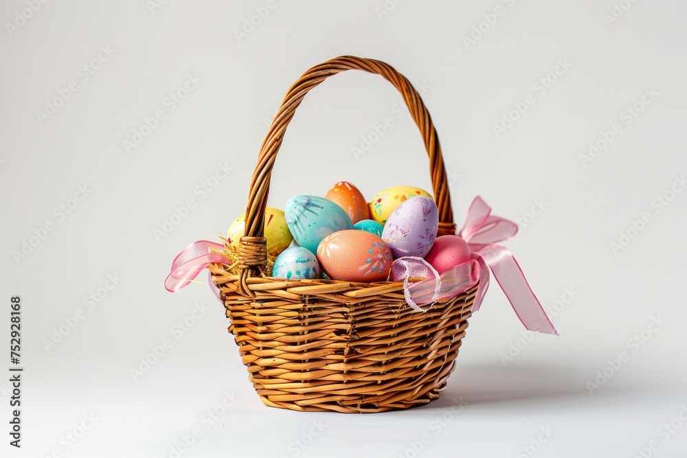 Colorful Easter Egg Basket Easter Sunday. Happy easter Undercover Easter Surprises bunny. 3d easter bunny rabbit illustration. Cute Easter egg basket festive card figurative copy space wallpaper