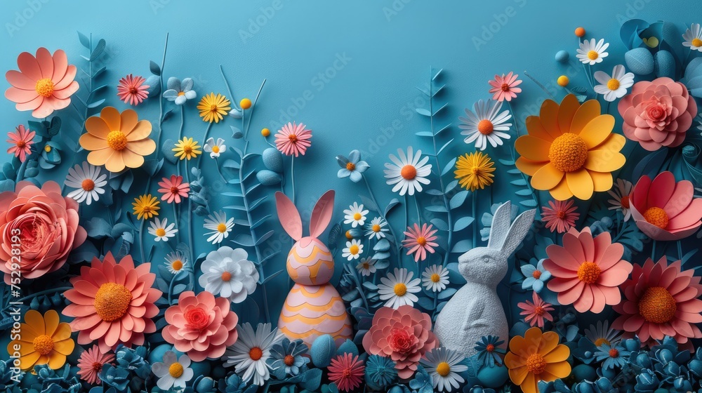 Handcrafted 3D Paper Flowers and Rabbits Easter Decoration