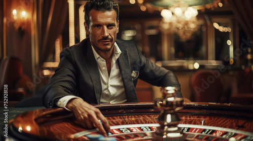Young stylish man plays roulette. Luxury casino concept. Betting concept. Generative AI