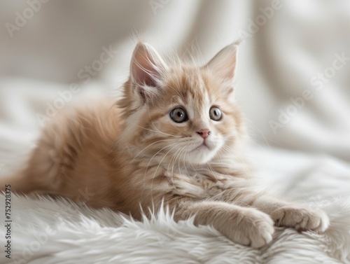 Playful Young Cat on White Fur Background