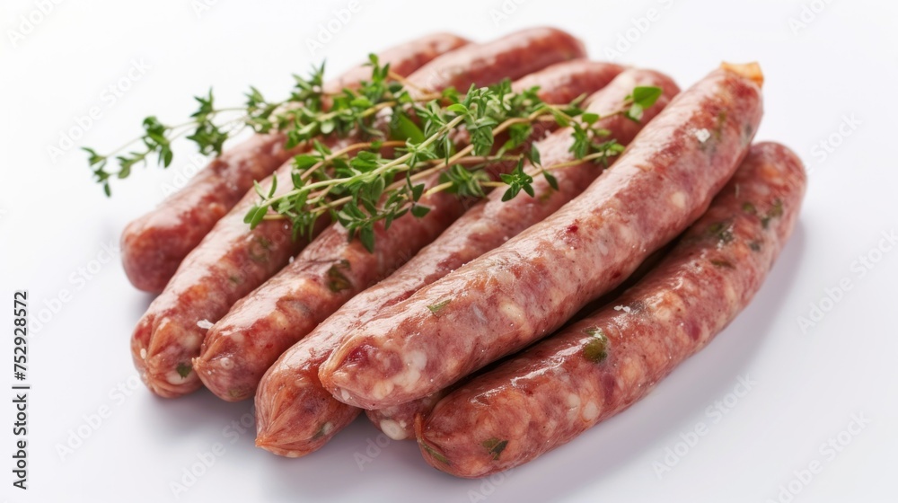 Pork sausages with rosemary isolated on white background