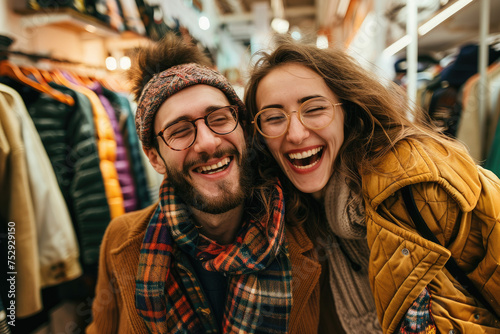 young couple doing shopping with paper bags in a mall