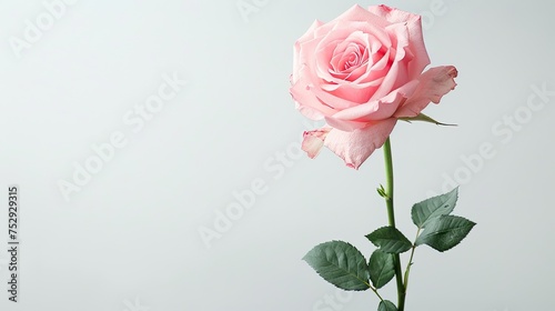 a pink rose flower against a white background, epitomizing the beauty of spring nature with ample empty space for text. © lililia