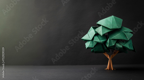 Arbol hecho con papel técnica origami sobre fondo oscuro photo