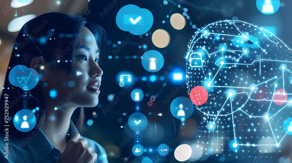 A Woman And Virtual AI Machine Learning Surrounded By A Social Media Icons. A Woman And Virtual AI Machine Learning Surrounded By A Social Media Icons.