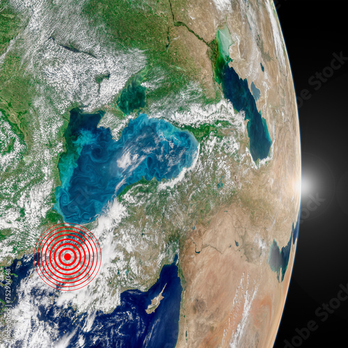 Fototapeta Naklejka Na Ścianę i Meble -  Earthquake icon in Turkey's map. Earthquake alert symbol, circle target location mark in Turkey. Elements of this image furnished by NASA.