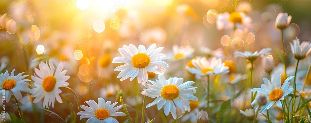 A Field of Lively Daisies Bathed in Summer Sunlight with a Soft Bokeh Background Glow. Concept Skyline Silhouette at Sunset, Nature Retreats, Ocean Waves Crashing on the Shore