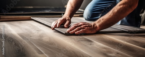 Laying the laminate floor with detail of  worker men's hands, banner job concept. Generative Ai. photo
