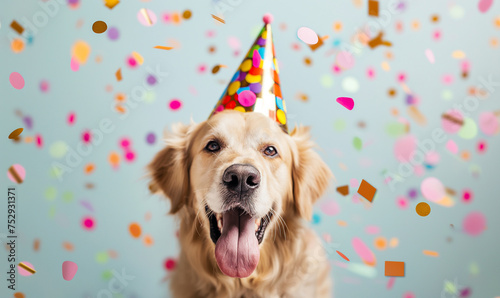 Celebratory Canine - Dog with Party Hat Amidst Confetti Joy